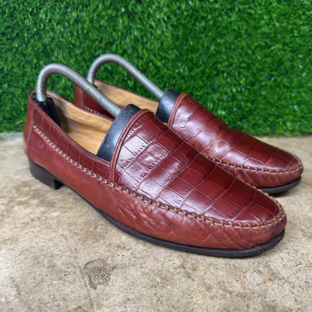 Vintage 90s Bally Floryno Croc Embossed Leather Loafers Brown 8.5